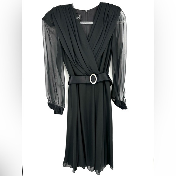 Ursula of Switzerland Dresses & Skirts - Vintage 80s Ursula Of Switzerland Black Midi Dress Size 8 Rhinestone Belt Sheer